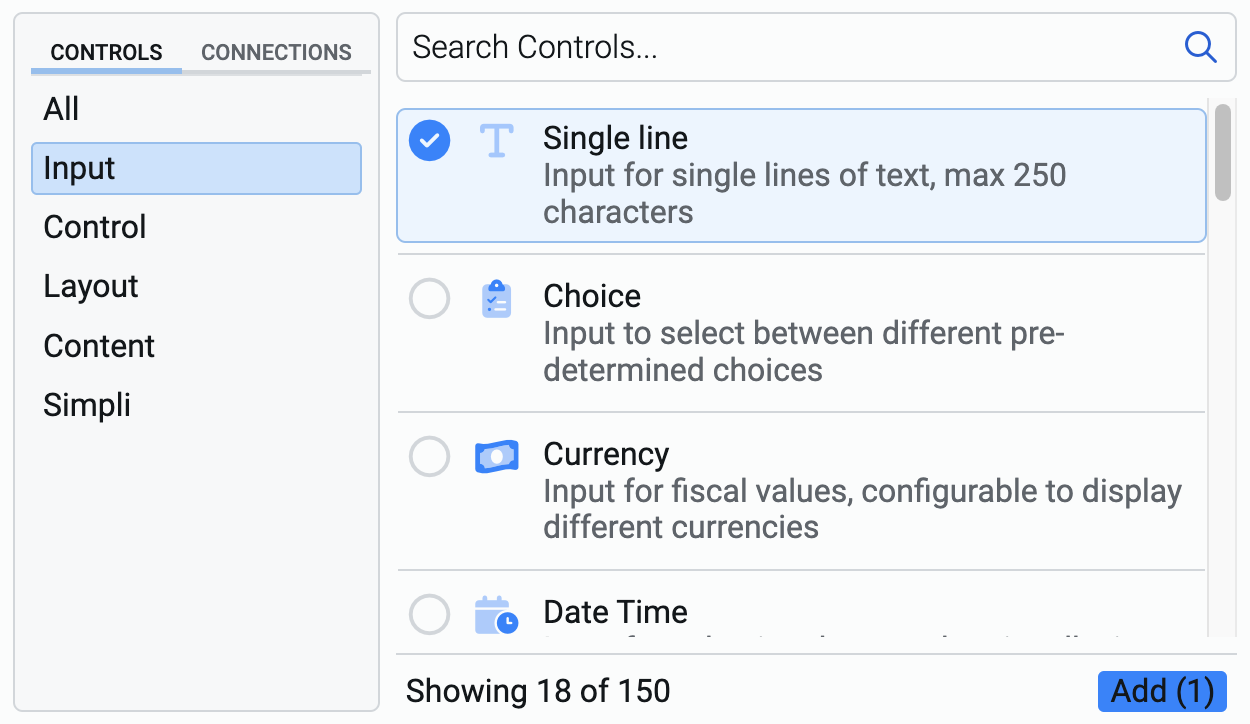 Image showing selection of text type input control from element picker